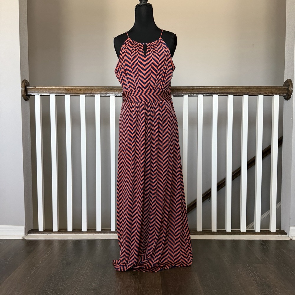 Ann Taylor Loft Maxi Dress Size M Womans Orange Navy Blue Chevron Halter Stretch